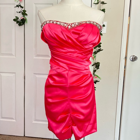 B Darlin Vibrant Pink Satin Dress - Picture 1 of 4